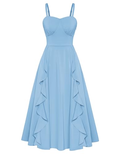 Damen Vintage Slipkleid Midikleid Ärmelloses Kleid Lässige Hellblau M