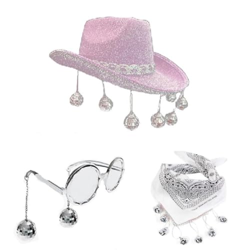 SELiLe Damen Bandana + Cowgirl Hut mit breiter Krempe + Anhänger Sonnenbrille für Party Musik Festival 3-teiliges Set Damen Fedora-Hut breite Krempe