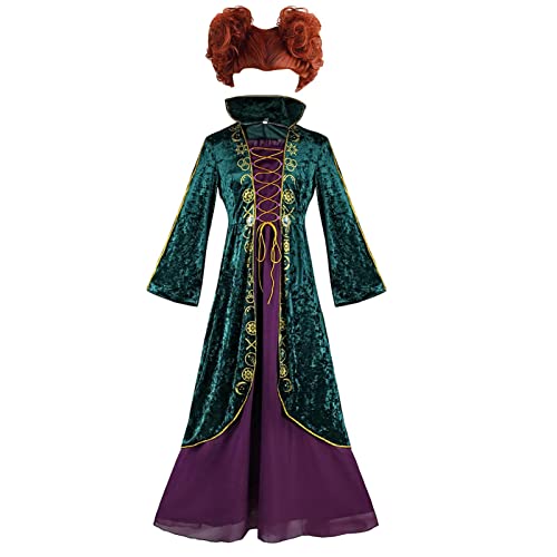 Richolyn Winifred Sanderson Costumes Kleid mit Perücke – Mittelalterliches grünes Samtkleid für Damen – Sanderson Sisters Kostüm Halloween Karneval Hexe Cosplay