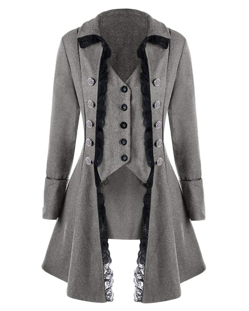 Damen Viktorianische Gothik Jacke Frack Mit Spitze Elegante Lange Steampunk Mantel Grau XL