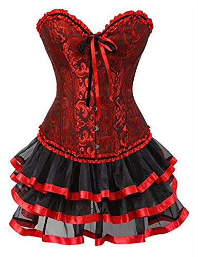 Kuose Moulin Rouge Gothic Corsagenkleid Korsett Spitenrock Übergrößen S-6XL (EUR(36-38) L, Rot-2)