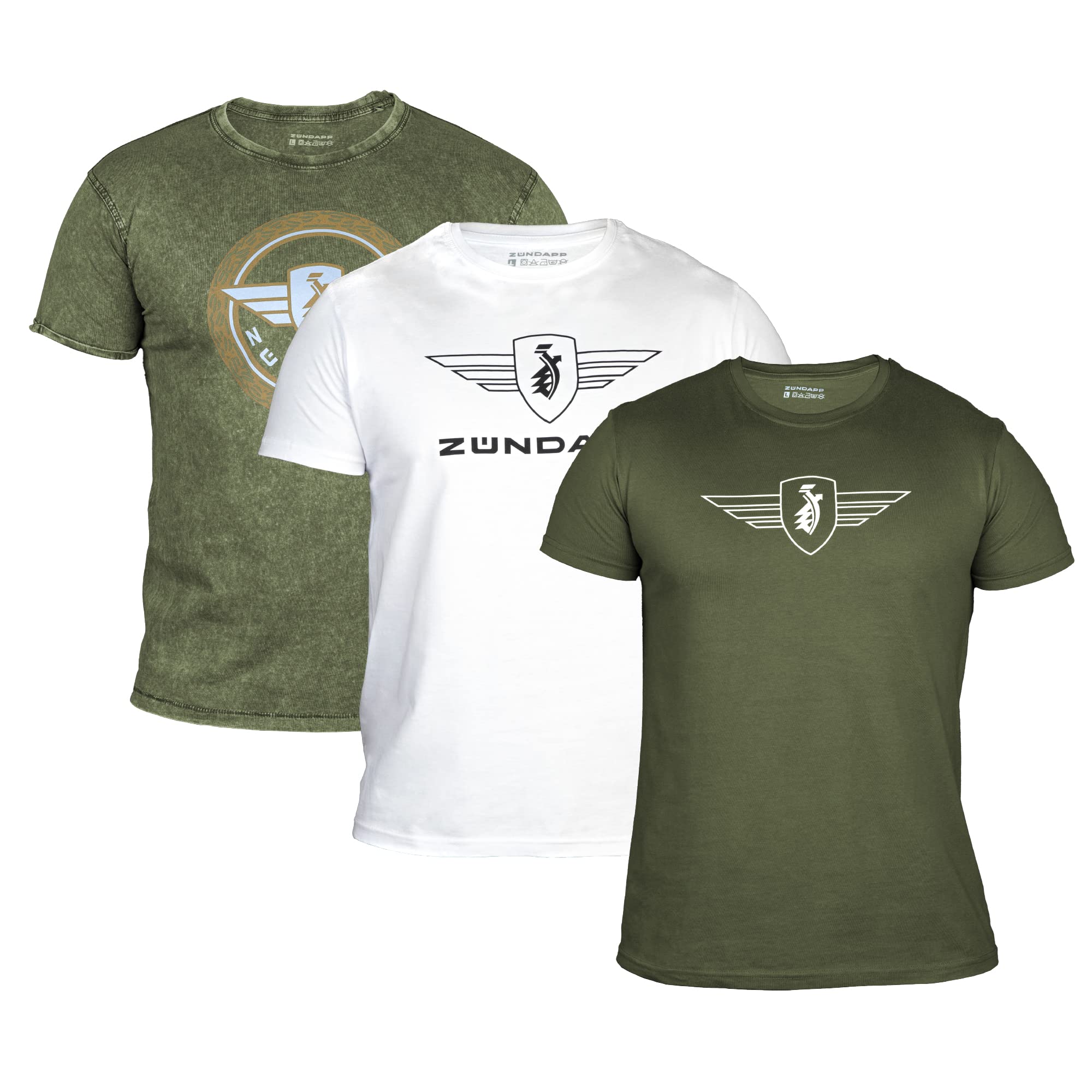 ZÜNDAPP T Shirt Herren oder Damen | Basic Tshirt 3er Set | Unisex Baumwoll T-Shirt 3er Pack (S, Oliv meliert + Oliv Uni + weiß Uni)