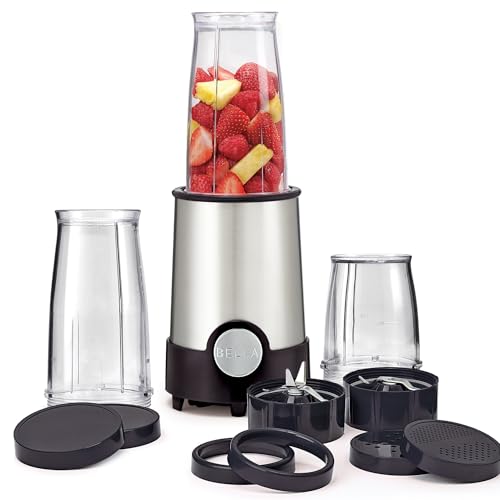 BELLA Personal Size Rocket Blender, Perfect for Smoothies & Healthy Drinks, Grinding, Chopping & Food Prep, 12 Piece Set, Stainless Steel/Black