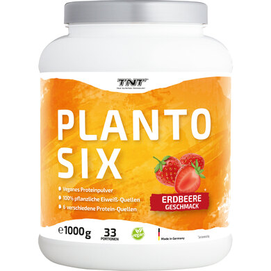 TNT – Planto Six • 1 kg Vegan Protein • Veganes Proteinpulver aus Erbsen, Hanf & Lupinen • 6-Komponenten Protein (Erdbeere Plus)