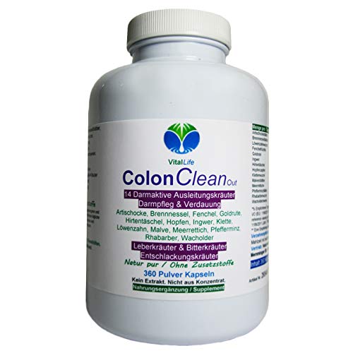 Colon Clean Out 14 Kräuter. 360 Darm Aktiv Kapseln. DARMFLORA pflegen + natürliche Darmreinigung + Darm-Entgiftung + Verdauung & Entschlackung unterstützen. Natur pur. 26540-360
