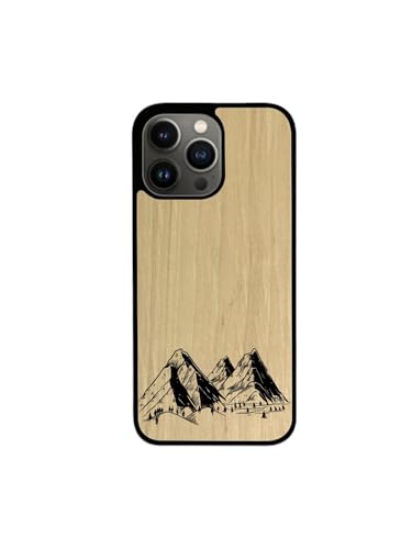 Enowood Schutzhülle aus Holz für iPhone 15 Plus, handgefertigt – Motiv: Berg mit Gravur – Charme