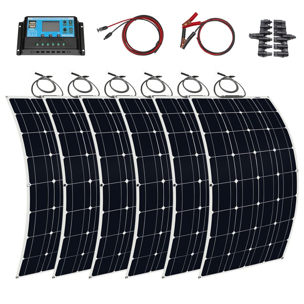 Solar Panel Kit 600 Watt 12V 6pcs High Efficiency Waterproof Flexible Monocrystalline Solar Module with 60A USB Controller for RV, Roof, Boat and 12v/24v Battery Emergen Charger (600W solarpanel kit)