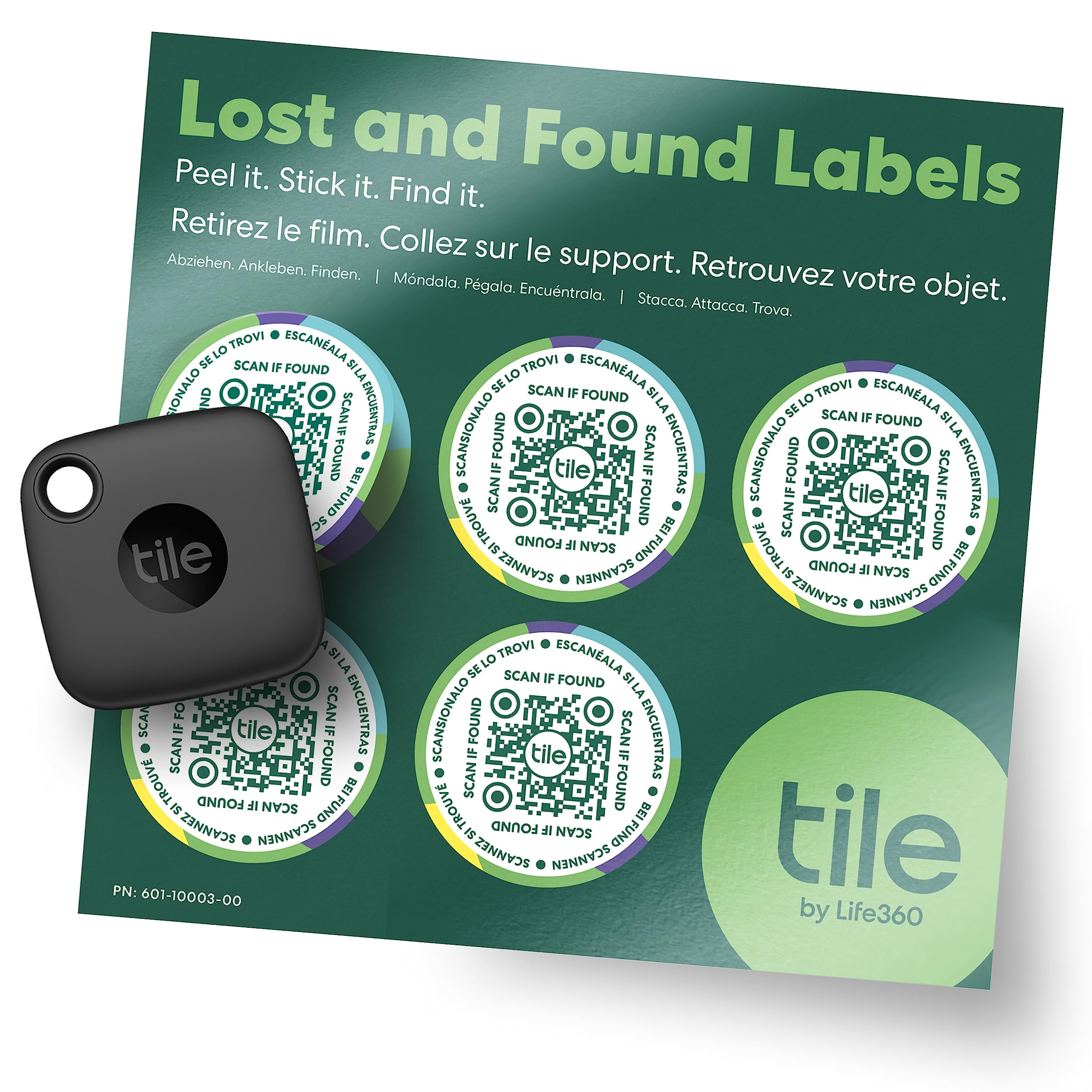Tile Mate (2022) Bluetooth Item Finder, 1 Pack, Black + Lost and Found Label, Waldgrün