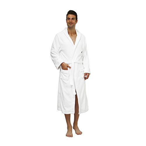 Lumaland Luxury Mikrofaser Bademantel mit Kapuze für Damen und Herren verschiedene Größen und Farben Weiß XL