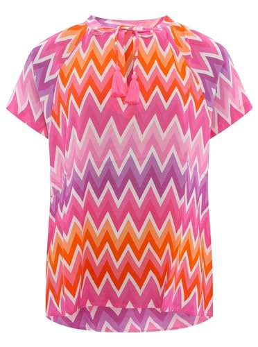 Zwillingsherz Viskose Bluse für Damen Frauen Mädchen - Hochwertiges Kurzarm Oberteil Top Shirt Hemd - Kordel mit Tasseln Zacken - Frühling Sommer