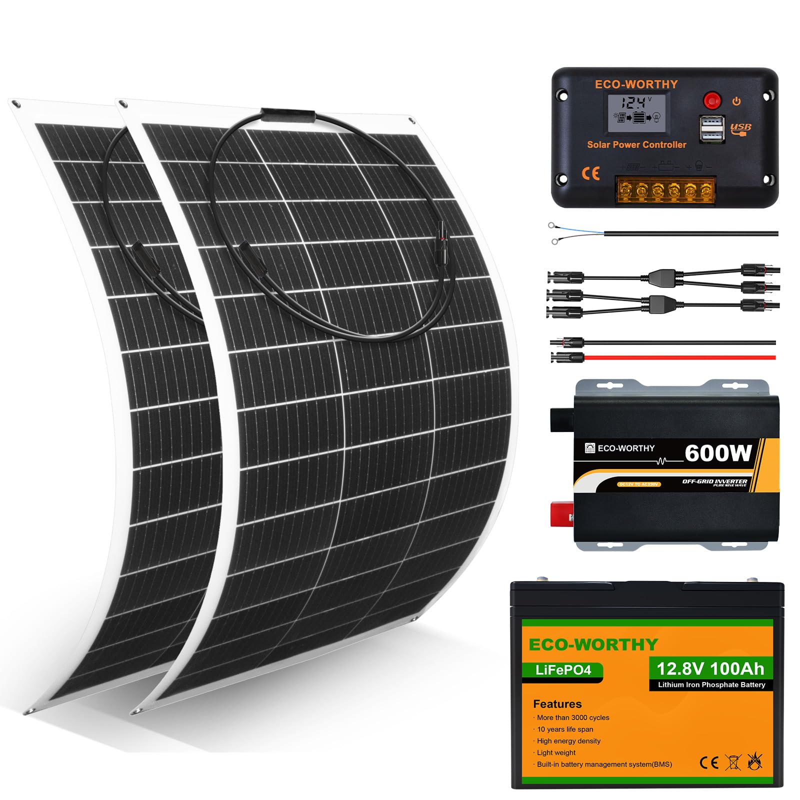 ECO-WORTHY 260W 12V Flexibles Solarpanel Komplettes Kit: 2 * 130W Flexibles Solarmodul + 100Ah Litthiumbatterie + 600W 12V Sinuswechselrichter + 30A PWM Laderegler für Camper, Wohnmobil, Van