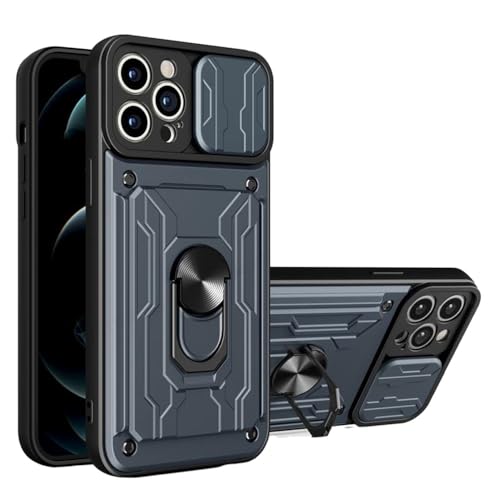 CIBOS Für iPhone 14 Pro Max Slide Card Slot Armor Case für 13 12 11 Pro XR X XS Max Push Window Magnetringabdeckung, Graublau, für iPhone AA