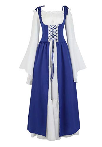 Josamogre Mittelalter Kleidung Damen Kleid Renaissance mit Trompetenärmel Party Kostüm bodenlang Vintage Retro Costume Cosplay Blau 2XL