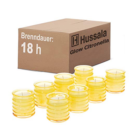 Hussala Glow Citronella Outdoorkerze Glas (gelb) - Brennzeit 18 h [64 Stück]