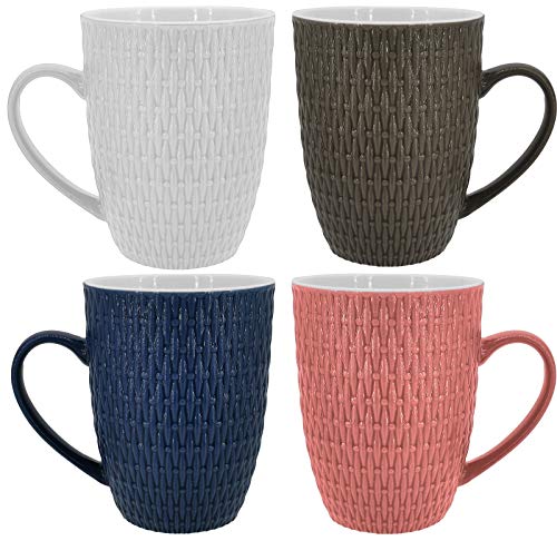 Kaffeetassen Set | 4 Tassen | 350ml | Keramik | Strukturdesign | in den Farben blau, weiß, braun, rosa - Ideal für Ihr liebsten morgendlichen Kaffeegenuß (4 Stück)
