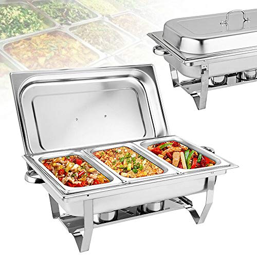 9L Chafing Dish Speisenwärmer 3 Grid Edelstahl Warmhaltebehälter mit Lid und Lebensmittelpfanne Wärmebehälter Warmhaltegerät für Catering, Buffet und Party