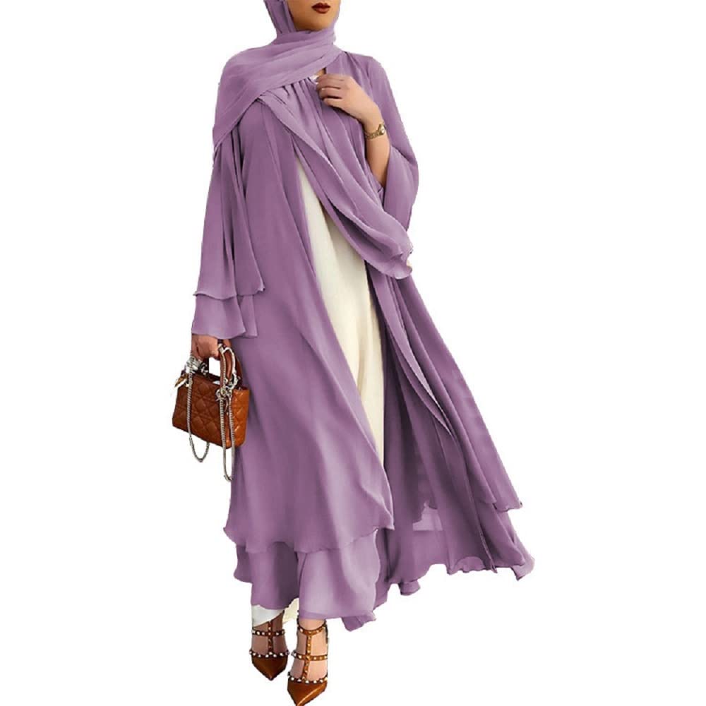 RUIG Frauen Muslimisches Gebet Chiffon Offenes Kleid Abaya Dubai Türkei Islam Kaftan islamischer Ramadan Eid Mubarak Frauen Robe, Lila mit Hijab, M