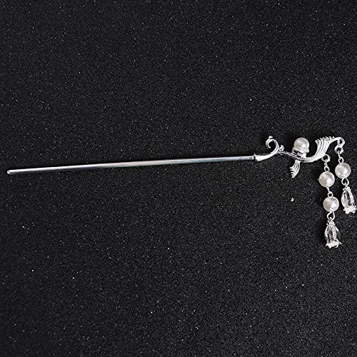 Korean Hanfu Haarnadeln Retro Kopfbedeckung Metall Haarspange Blume Perle for Mädchen Temperament Chinesische Haargabel Haarpflegeprodukte ( Color : Silver )