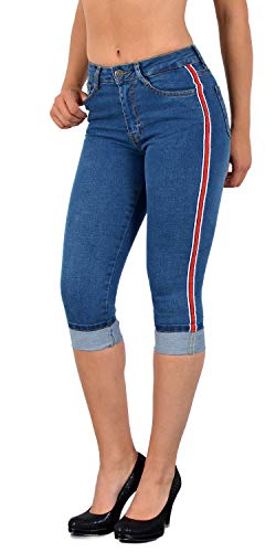 ESRA Damen Capri Jeans Hose mit Seitenstreifen Hoch Bund Caprihose Kurze Jeans Hose mit Streifen bis Übergröße J140