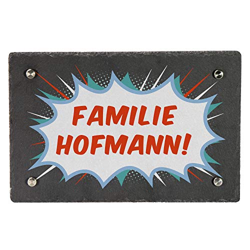 LAUBLUST Türschild Schiefer Comic Motiv - Haustür-Schild Personalisiert mit Familien-Name - ca. 30x20cm, 4 Wandhalter