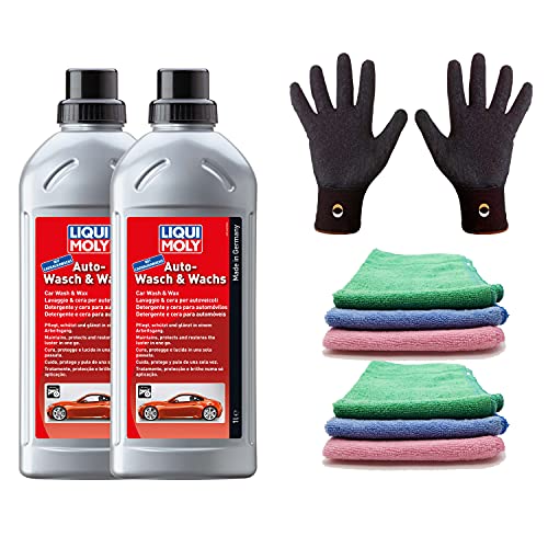 brünte 2X Original Liqui Moly 1l Auto-Wasch & Wachs 1542 +6 Microfasertücher + Handschuhe