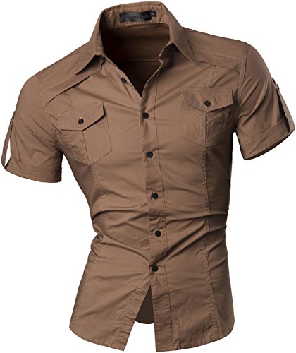 jeansian Herren Freizeit Hemden Shirt Tops Mode Kurzarm-shirts Slim Fit 8360_Khaki L [Apparel]
