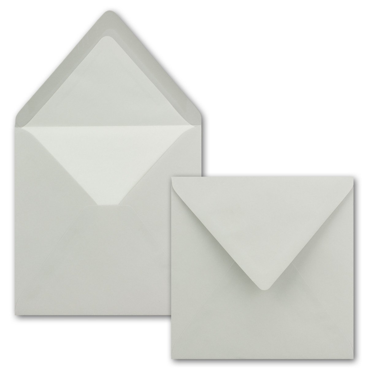100x Briefumschläge Quadratisch 16 x 16 cm in Hellgrau (Grau) - Umschläge mit weißem Seidenfutter - Kuverts ohne Fenster & mit Nassklebung - Für Einladungskarten zu Hochzeit und Geburtstag