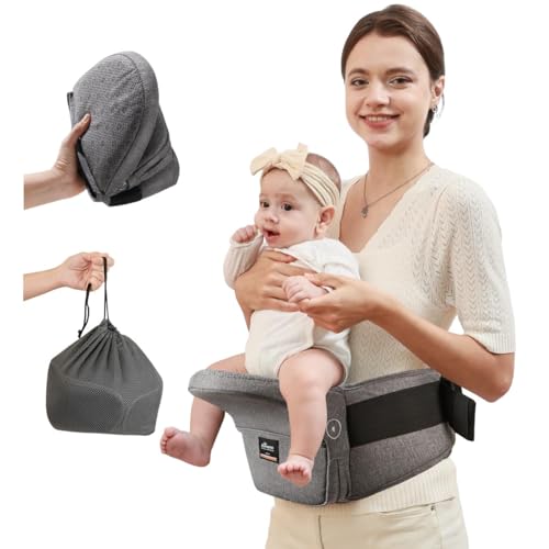 SUNVENO Toddler Carrier Hipseat, Baby Hip Seat Foldable Carrier with Long Waistband for Aged 0-36 Months Newborns and Toddlers, Grey