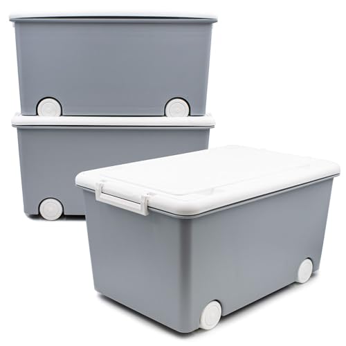 Babykajo 3 Aufbewahrungsboxen mit Deckel und Rollen 30L - Stapelboxen mit Deckel undurchsichtig - Plastikbox mit Deckel zum verschließen- Kisten Aufbewahrung mit Deckel