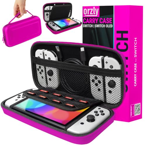 Orzly Tragetasche Kompatibel mit Nintendo Switch und New Switch OLED-Konsole - Rosa schützende Hülle, Harte tragbare Reisetasche mit Taschen für Zubehör und Spiele