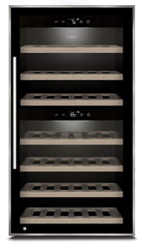 Caso WineComfort 66 black | Weinkühlschrank für 66 Flaschen | 2 Zonen auf 5-20°C einstellbar, Touch, LED beleuchtet freistehend, UV-Filterglas, Schwarz