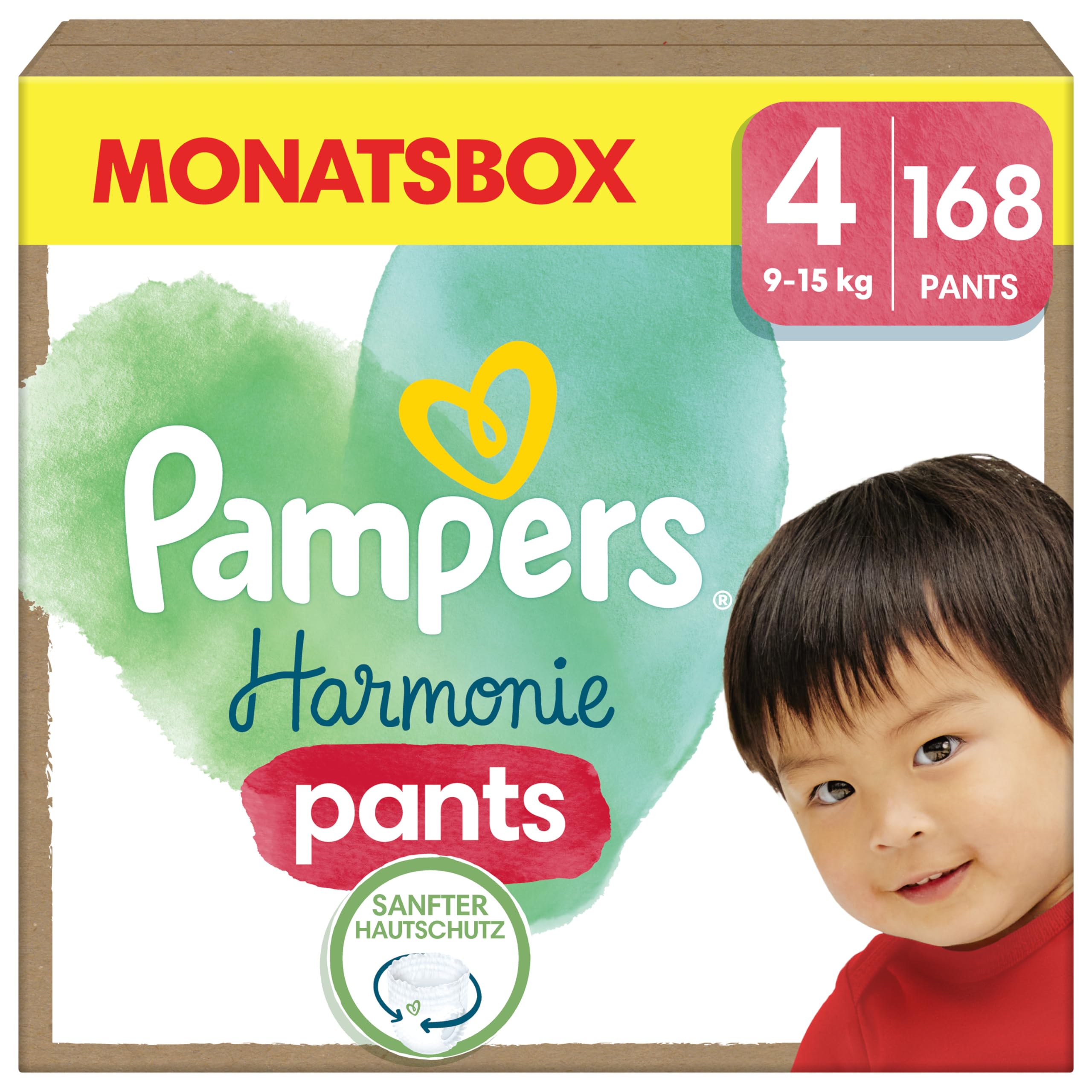Pampers Harmonie Windeln Pants Baby, Größe 4 (9kg-15kg), Monatsbox, sanfter Hautschutz und pflanzenbasierte Inhaltsstoffe, 168 Höschenwindeln