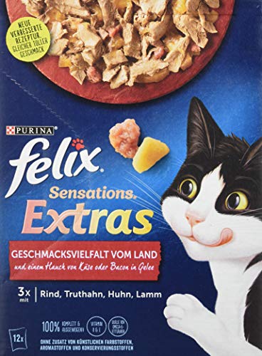 Felix Katzennassfutter Sensations Extras in Gelee Geschmacksvielfalt vom Land, 6er Pack (6 x 12 x 85g) Portionsbeutel