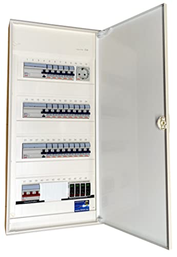 Sicherungskasten Aufputz 4-reihig Stromverteiler verdrahtet mit Hauptschalter, 3x FI-Schutzschalter, Sicherungen und Überspannungsableiter