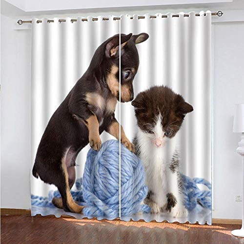 Blickdicht Vorhang Wärmeisolierender - Tierhund Und Katze 150 (B) X 166 (H) cm Junge Mit Mädchen Schlafzimmer Wohnzimmer Esszimmer Kinderzimmer - 3D Digitaldruck Mit Ösen Thermo Vorhang