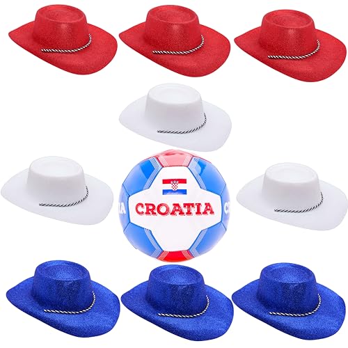 Toyland® Kroatien-Themen-Fußballpaket–1 x Fußball(3,6 kg/Größe 5) und 9 glitzernde Cowboyhüte–3 rot,3 weiß & 3 blau(34 cm/13 Zoll)–perfekt für Euros,Weltmeisterschaft und Festival