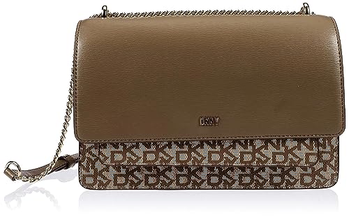 DKNY Women's Bryant Large Flap Bag with an Adjustable Chain Strap in Coated Logo Crossbody, Chino/Truffle