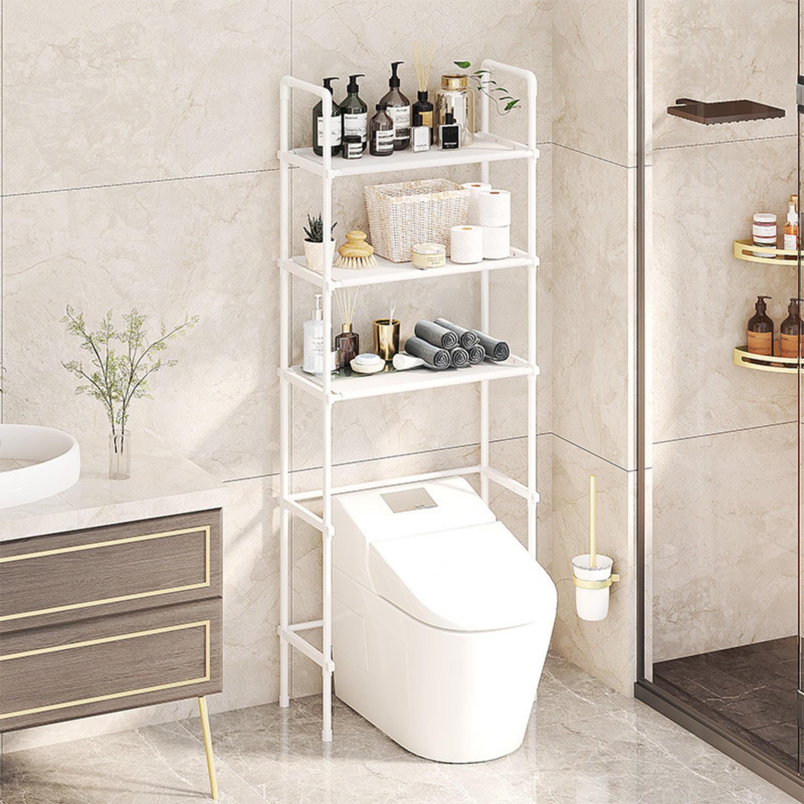 Toilettenregal Waschmaschinenregal Badezimmerregal Bad WC Stand Regal mit 3 Ablagen in schwarz platzsparend, leicht zu montieren,White