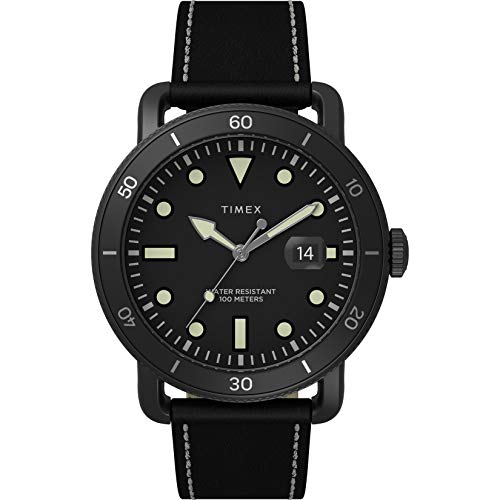 Timex Men's Port 42mm Stainless Steel Analog Quartz Leather Strap, Black, 20 Casual Watch (Model: TW2U01800)