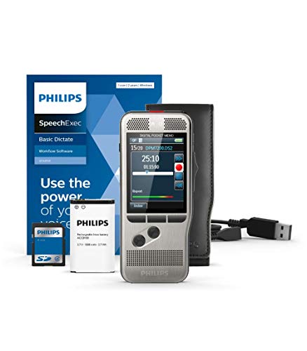 Philips DPM7200 Digitales Diktiergerät, Bedienung per Schiebeschalter, 2 Mikrofone für ausgez. Stereo-Tonaufnahmen, Farbdisplay, Edelstahlgehäuse, inkl. Diktiersoftware SpeechExec Basic 2-Jahres-Abo