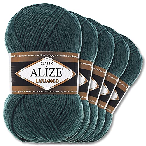Alize 5 x 100 g Lanagold Wolle | 53 Auswahl | Stricken Häkeln Wolle (426 | Petrol)
