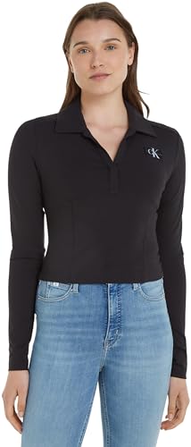Calvin Klein Jeans Damen Poloshirt Langarm Milano Regular Top Polo-Kragen, Schwarz (Ck Black), M