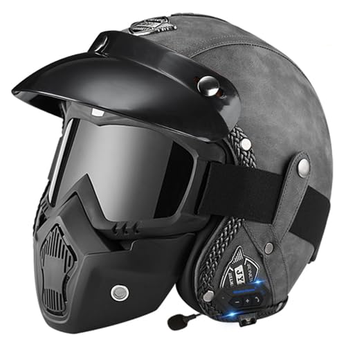 Motorradhelm Leder Bluetooth Jethelm Mit Brille Offener Helm Für Erwachsene Männer Und Frauen Straßenrennen Motorrad Cruiser DOT/ECE-Geprüft 5,L