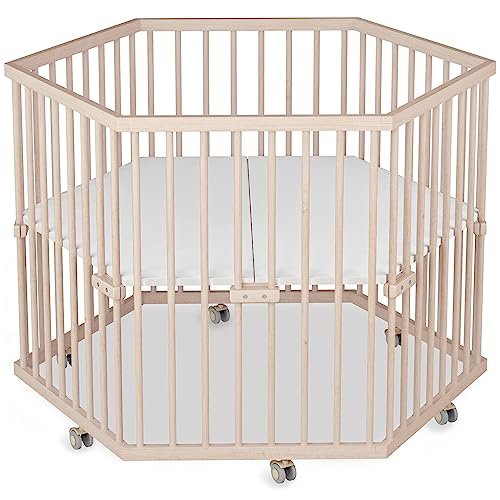 Sämann Laufstall Baby 6-eckig | Hexagon | stufenlos höhenverstellbar | Laufgitter Premium | Babybett aus Holz | Krabbelgitter Komplettset natur