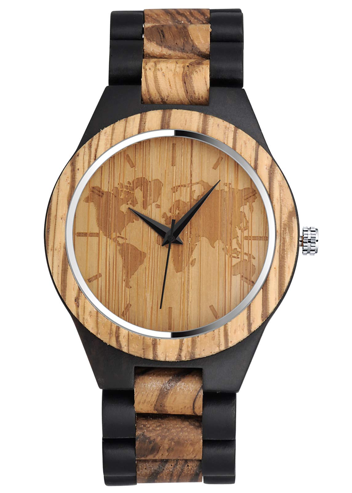 SUPBRO Holzuhren Herren Holzuhr Holz-Armbanduhr Analoge Quarzwerk Uhren Armband Natur-Holz Weltkarte