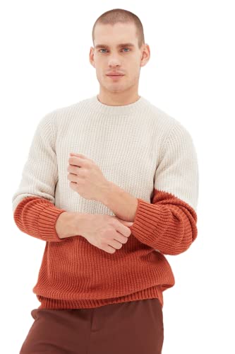 Trendyol Herren Colorblock Slim Sweater mit Rundhalsausschnitt Sweatshirt, Camel, XL