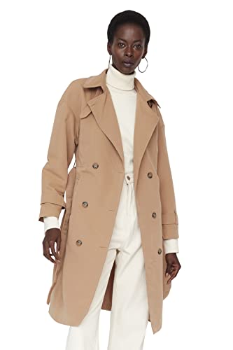 Trendyol Women's Damen Regular Zweireihig Plain Webstoff Trenchcoat Coat, Camel, 34