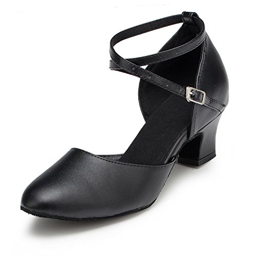 URVIP Neuheiten Frauen's PU Leder Heels Absatzschuhe Moderne Latein-Schuhe mit Knöchelriemen Tanzschuhe LD042 Schwarz 35 EU
