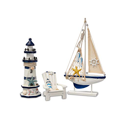 Flanacom Maritime Badezimmer Deko 3er Set - Leuchtturm, Segel-Schiff und Strand-Stuhl aus Holz - liebevoll gestaltete Badaccessoires mit Details (Design 2)