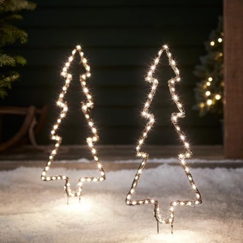 Lights4fun 2er Set 120er Micro LED Tannenbaum Silhouette mit Timer warmweiß Strombetrieben Weihnachtsdeko Außen Weihnachtsbeleuchtung Außen